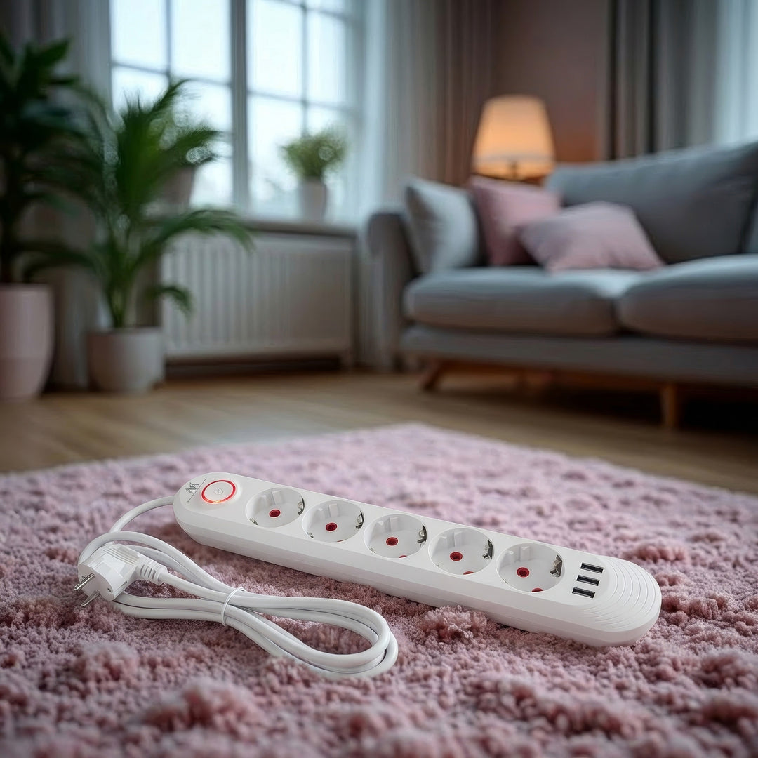 Maclean power strip, 5 socket extension + 3xUSB, 110-240V AC 50/60Hz, 2.1A max 2500W, 1.5m, white, MCE395 W