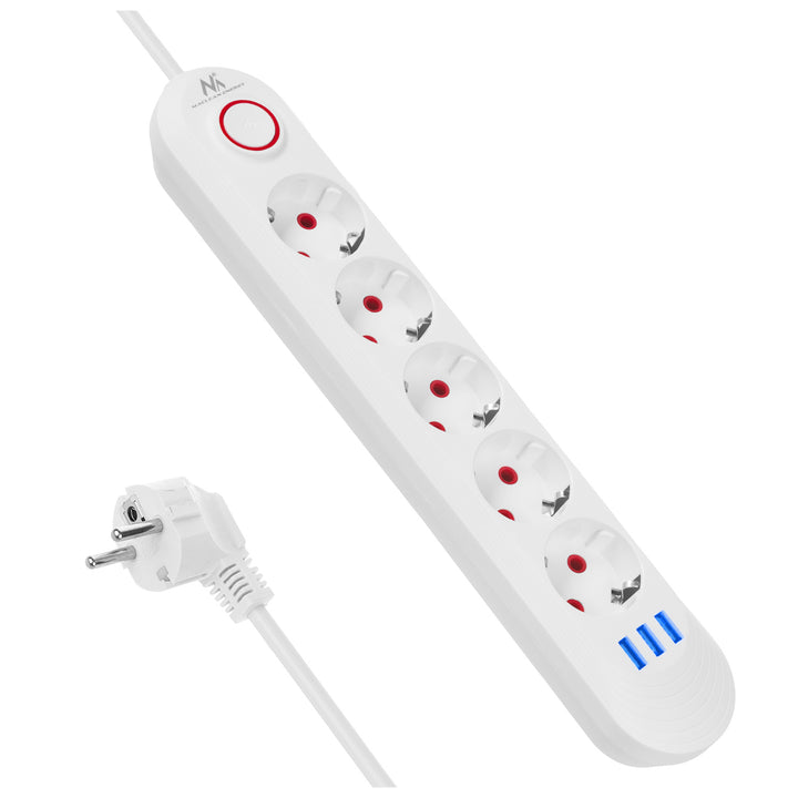 Maclean power strip, 5 socket extension + 3xUSB, 110-240V AC 50/60Hz, 2.1A max 2500W, 1.5m, white, MCE395 W