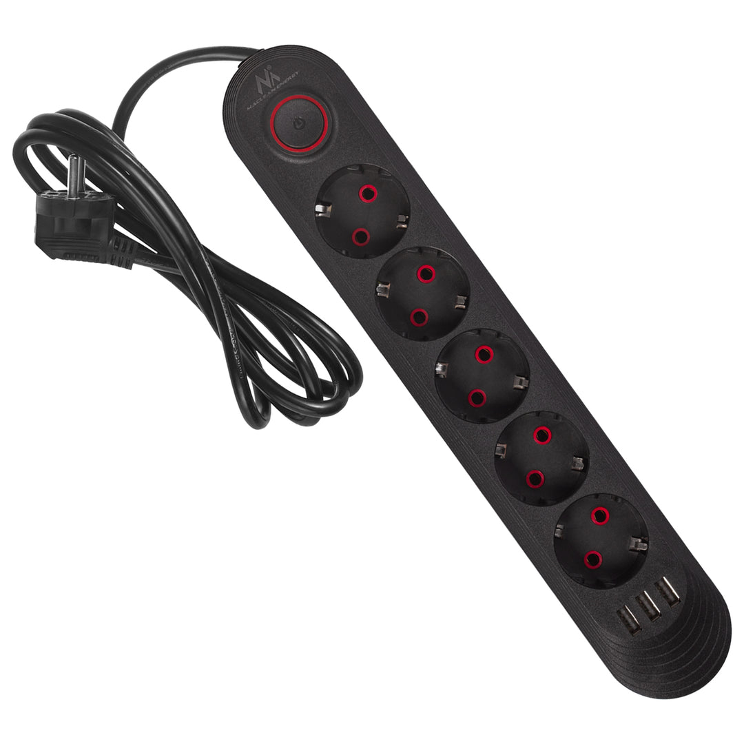 Maclean power strip, 5 socket extension cable + 3xUSB, 110-240V AC 50/60Hz, 2.1A max 2500W, 1.5m, black, MCE395 B