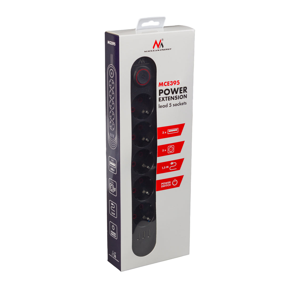 Maclean power strip, 5 socket extension cable + 3xUSB, 110-240V AC 50/60Hz, 2.1A max 2500W, 1.5m, black, MCE395 B