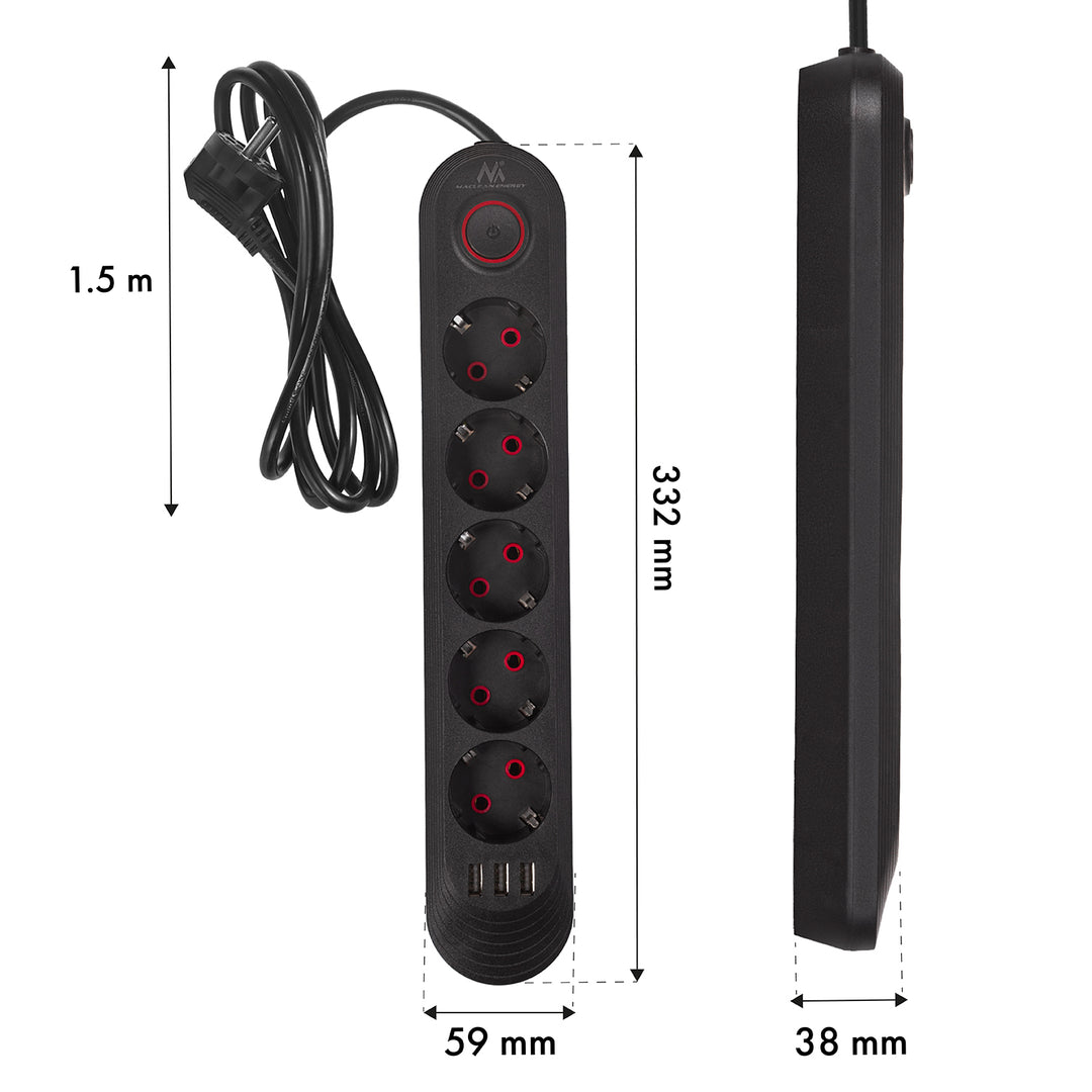 Maclean power strip, 5 socket extension cable + 3xUSB, 110-240V AC 50/60Hz, 2.1A max 2500W, 1.5m, black, MCE395 B