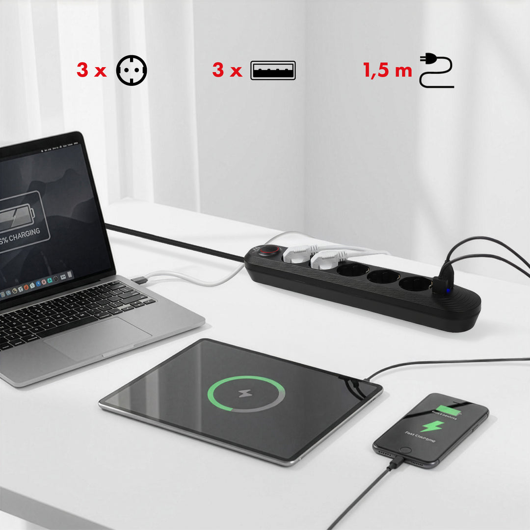 Maclean power strip, 5 socket extension cable + 3xUSB, 110-240V AC 50/60Hz, 2.1A max 2500W, 1.5m, black, MCE395 B