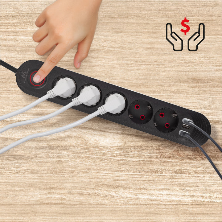 Maclean power strip, 5 socket extension cable + 3xUSB, 110-240V AC 50/60Hz, 2.1A max 2500W, 1.5m, black, MCE395 B