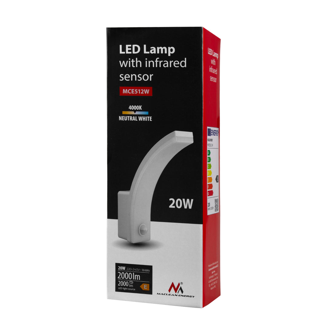 Lampa LED braiteoir gluaisne Maclean, braiteoir gluaisne PIR, bán, 20W, IP65, 2000lm, bán neodrach (4000K) MCE512 W, 4 phíosa