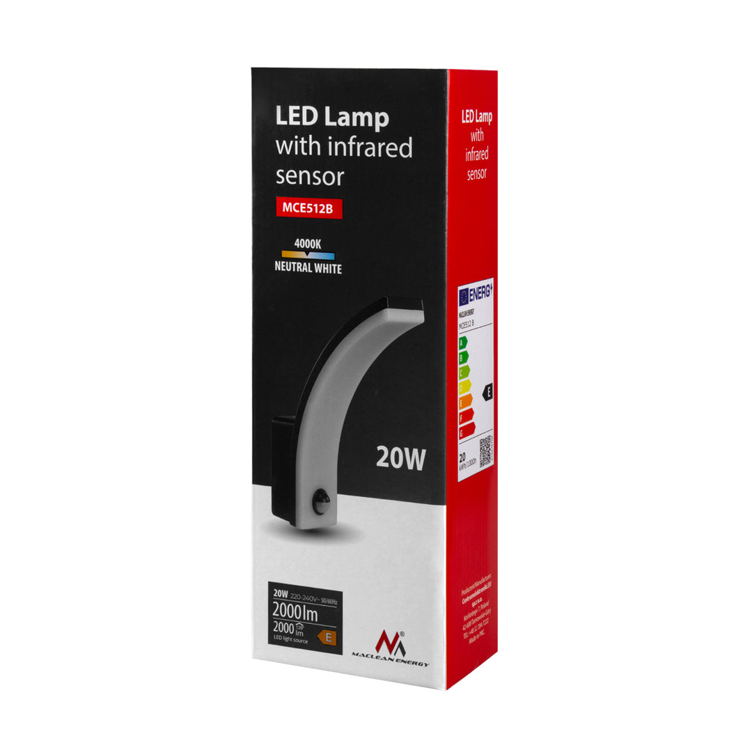 Maclean motion sensor LED lamp, PIR motion sensor, black, 20W, IP65, 2000lm, neutral white (4000K) MCE512 B, 2 pieces