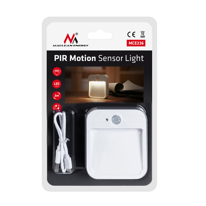 Maclean LED staircase lamp, with motion sensor, temp. 4000K, 3.7V/500mAh, 4 LEDs, Range 3-4m, MCE236, 2 pieces