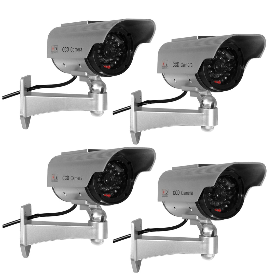 Maclean 4-Pack Realistic Solar-Powered Dummy Surveillance Camera with Flashing LED - Weatherproof Dummy CCTV Camera Model for Indoor and Outdoor Use, Easy Installation