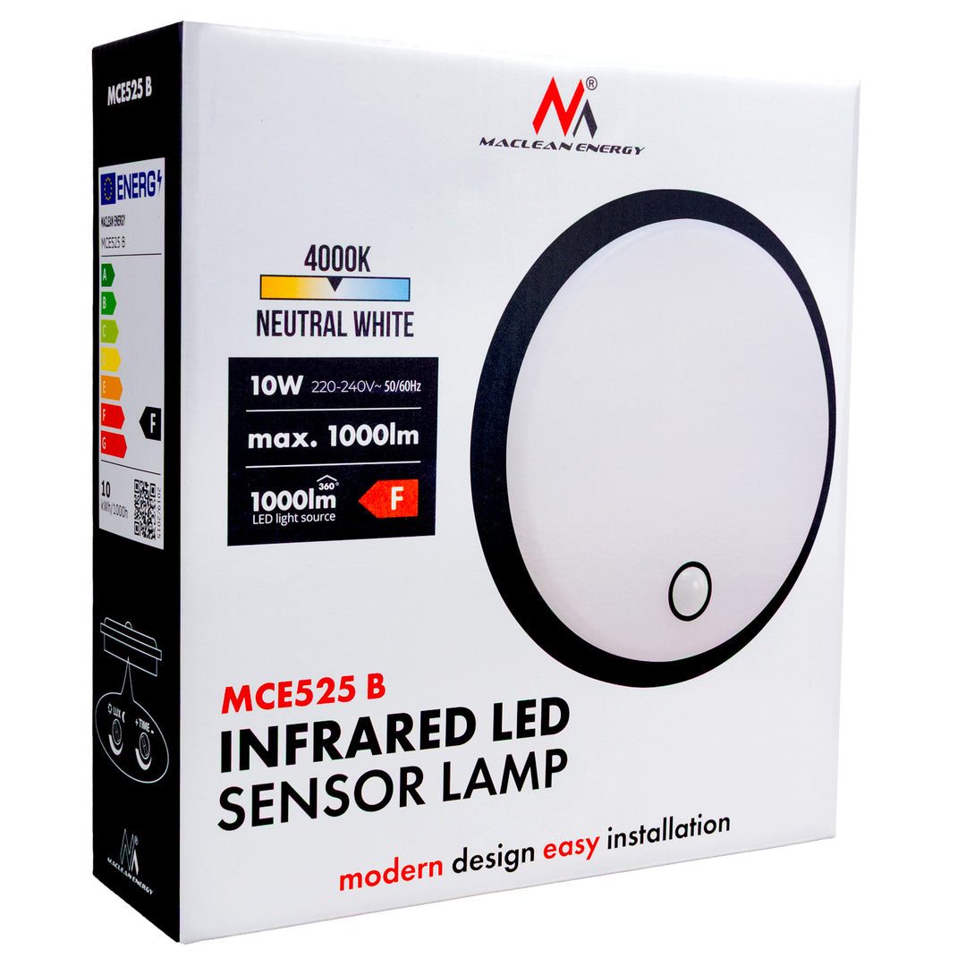 Maclean LED lamp with motion sensor, PIR sensor, black, 10W, IP65, 1000lm, neutral color, MCE525 B