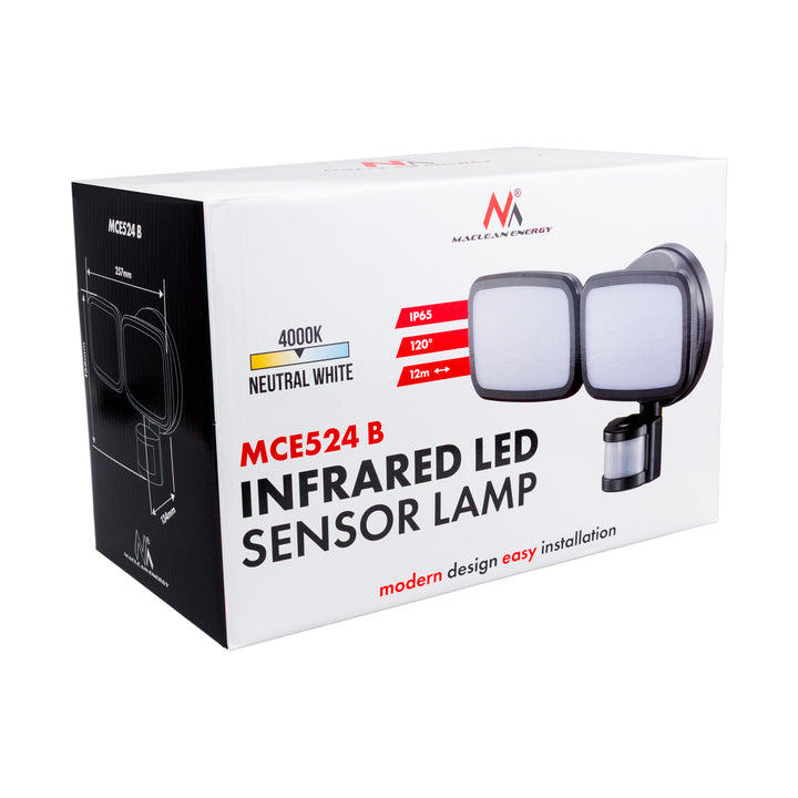 Maclean LED wall lamp, with PIR sensor, 20W, 1500lm, IP65, neutral white 4000K, black, MCE524 B