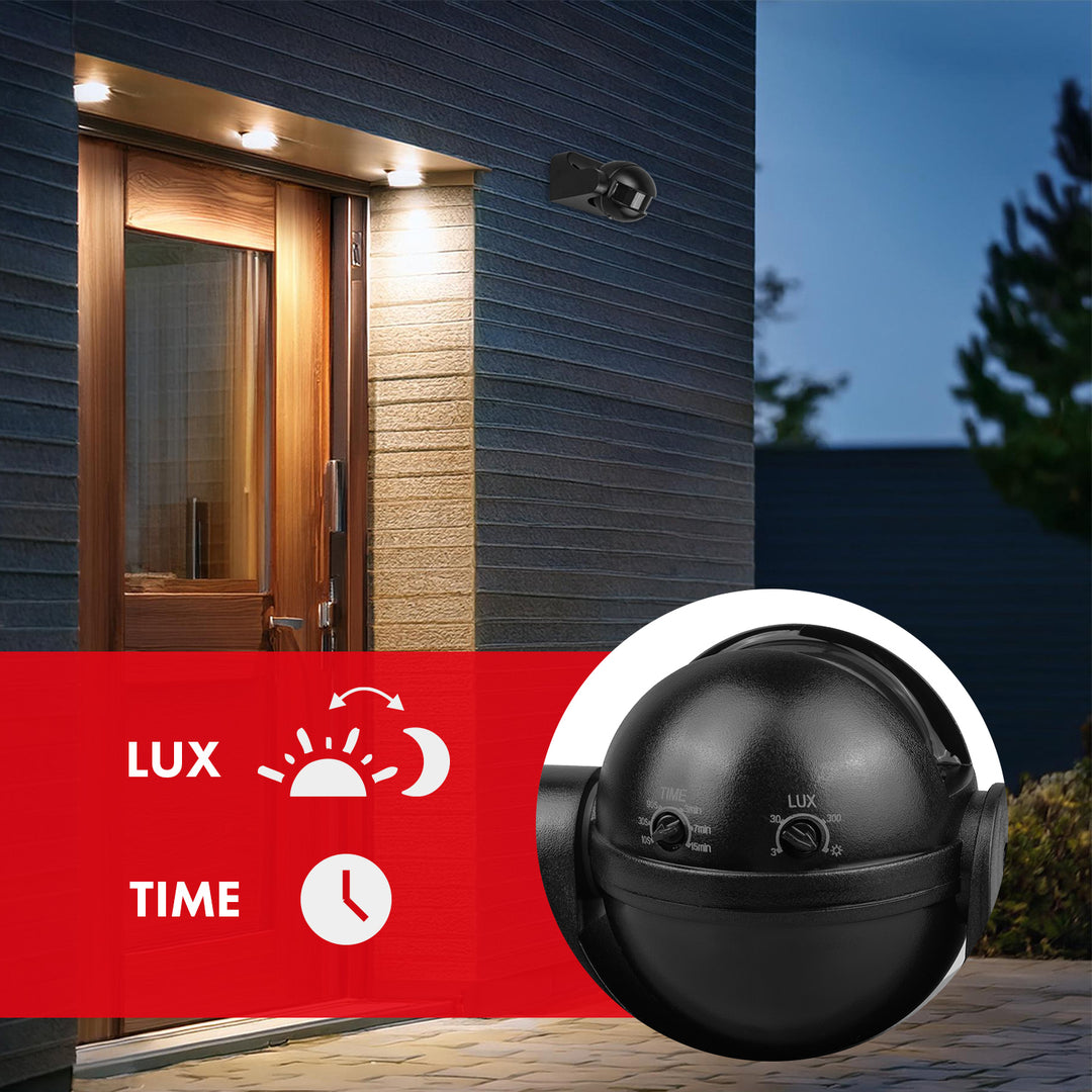 Maclean PIR motion sensor, infrared, IP44, black with black cover, range 12 m, max. load 300/1200 W, MCE358 B/B