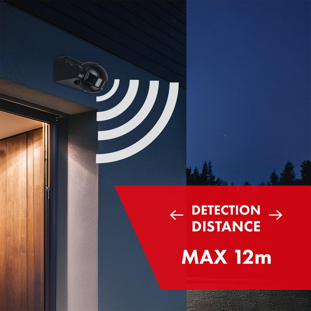 Maclean PIR motion sensor, infrared, IP44, black with black cover, range 12 m, max. load 300/1200 W, MCE358 B/B