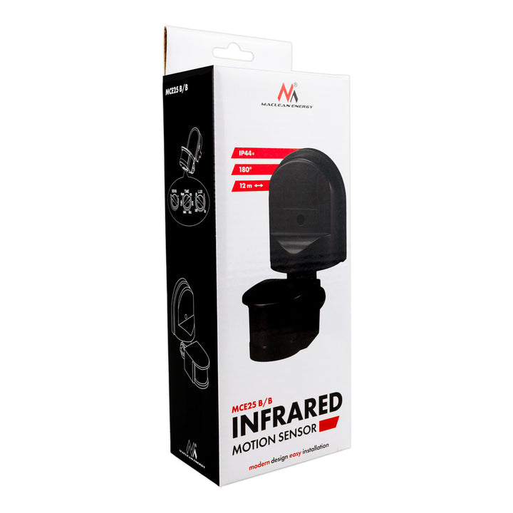 Maclean wall-mounted motion and twilight sensor, 180°, max. 1200W, black with black cover, MCE25 B/B