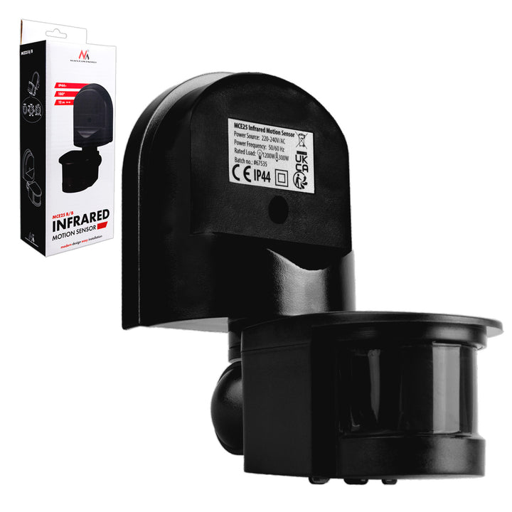 Maclean wall-mounted motion and twilight sensor, 180°, max. 1200W, black with black cover, MCE25 B/B