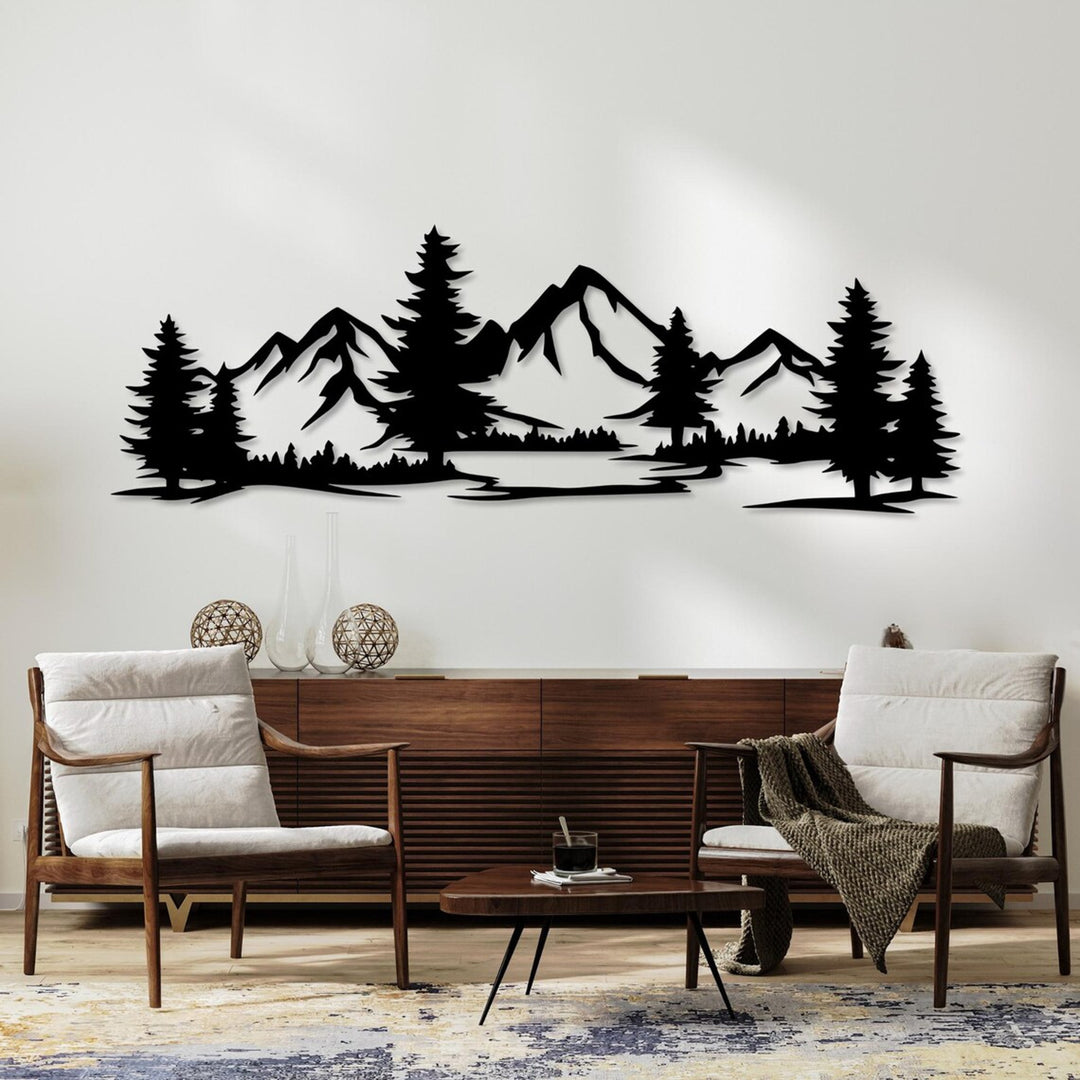 Openwork painting, 3D wall decoration, 3D painting "Mountains with forest" 120x41cm Black