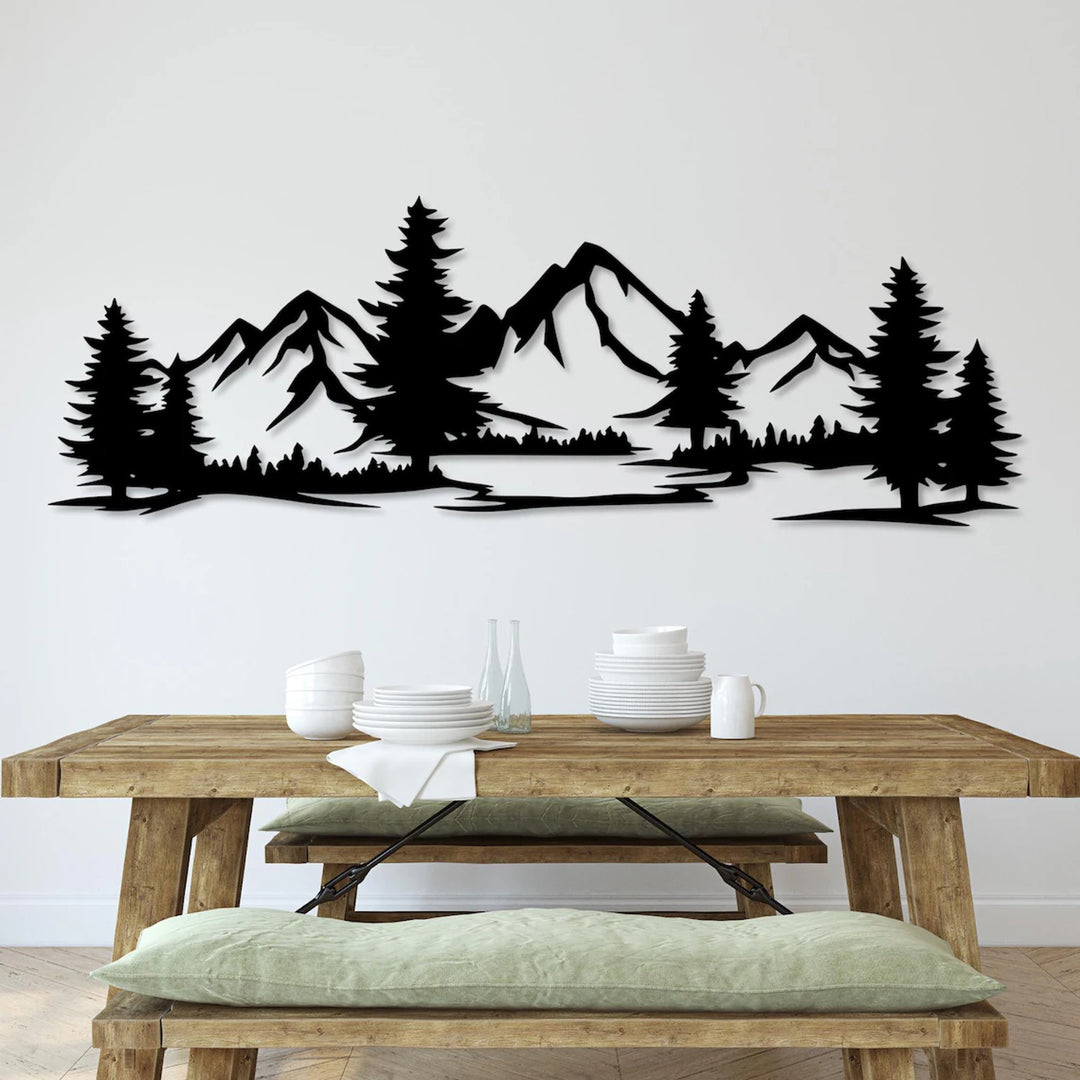 Openwork painting, 3D wall decoration, 3D painting "Mountains with forest" 100x34cm Black