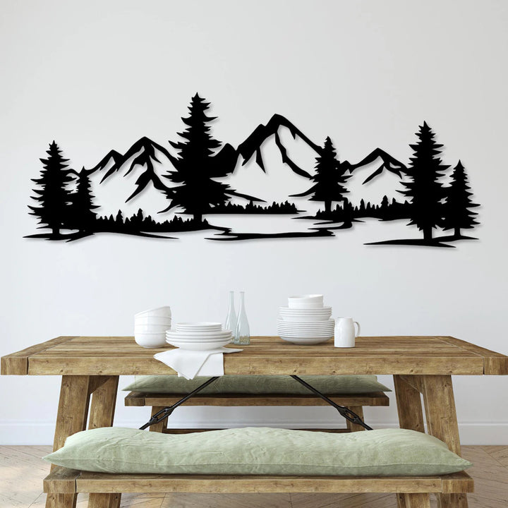 Openwork painting, 3D wall decoration, 3D painting "Mountains with forest" 67x23cm Black