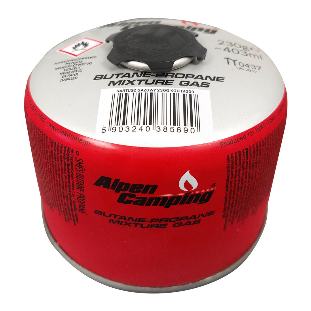 Alpen Camping 230g gas cartridge. certification: Pi 0656, complies with EN417, propane-butane, range -10°C to + 40°C, 7/16" threaded valve IK009