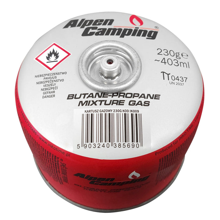 Alpen Camping 230g gas cartridge. certification: Pi 0656, complies with EN417, propane-butane, range -10°C to + 40°C, 7/16" threaded valve IK009