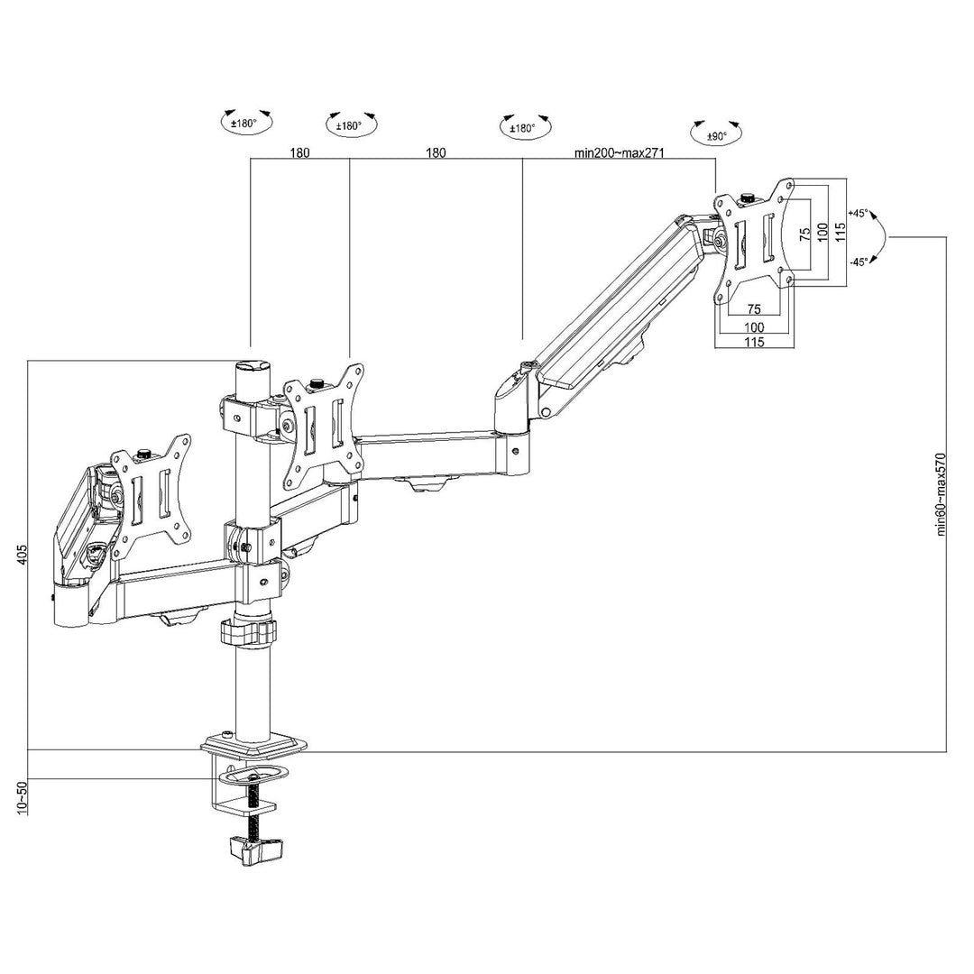 Maclean 3 monitor mount, gas spring, 17"-27", 2-8kg, black, MC-137