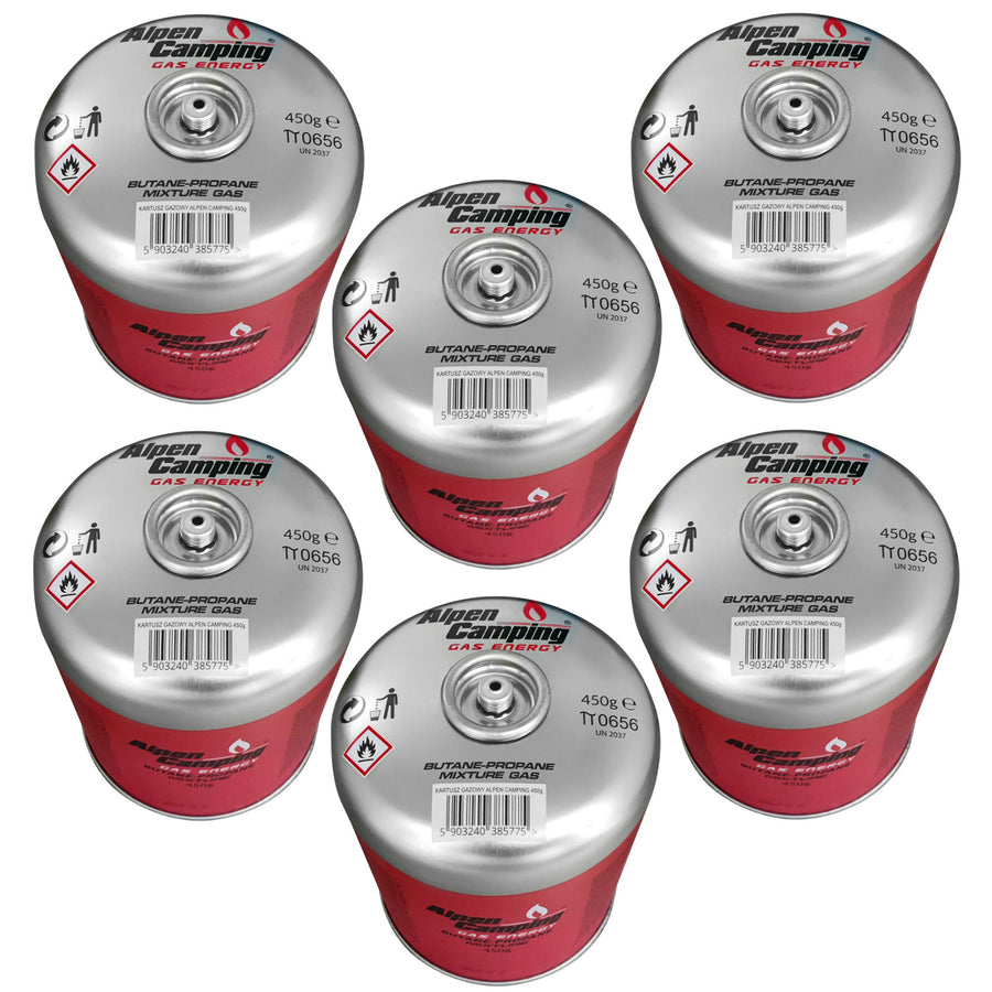 Alpen Camping 450g gas cartridge. certification: Pi 0437, complies with EN417, propane-butane, range -10°c to+ 40°c, 7/16" IK020 threaded valve, 6 pieces