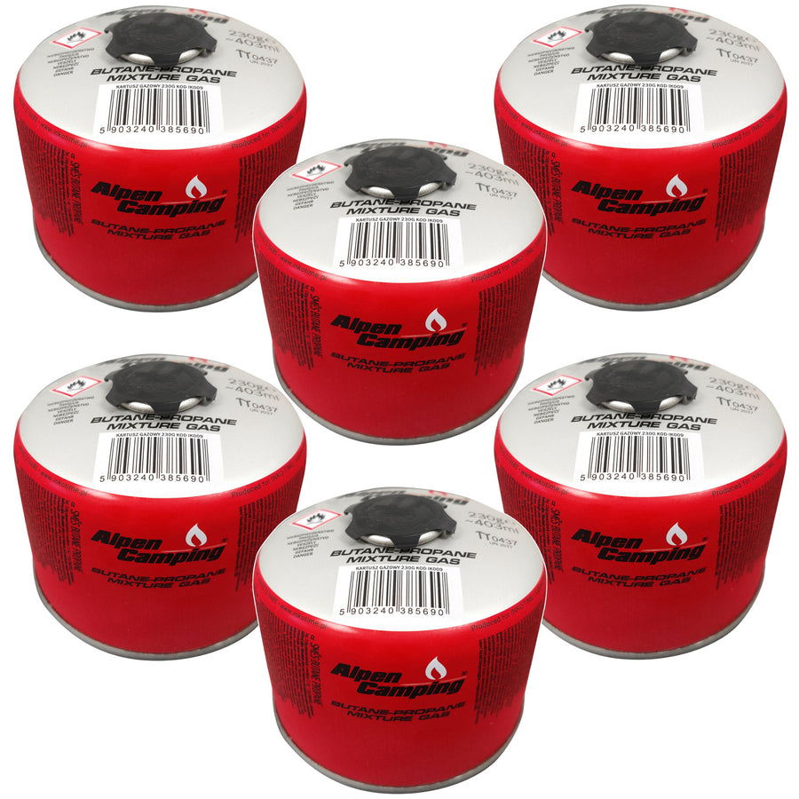 Alpen Camping 230g gas cartridge. certificate: Pi 0656, complies with EN417, propane-butane, range -10°c to+ 40°c, 7/16" IK009 threaded valve, 6 pieces
