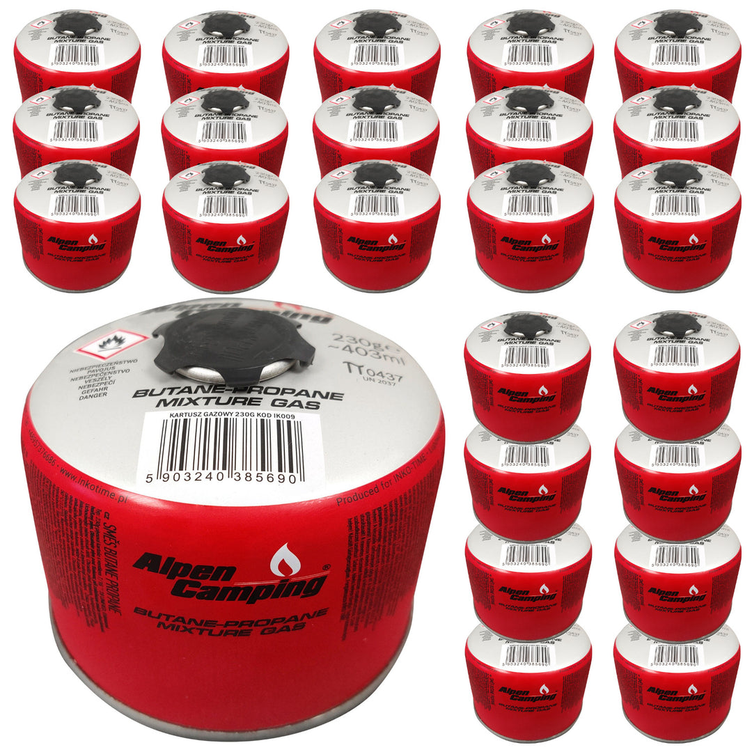Alpen Camping 230g gas cartridge. certification: Pi 0656, complies with EN417, propane-butane, range -10°c to+ 40°c, 7/16" IK009 threaded valve, 24 pieces