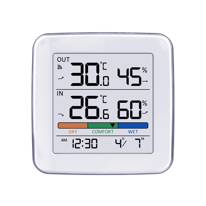 GreenBlue wireless weather station, temperature + humidity IN/OUT, clock + alarm + date, °C / °F selectable, range up to 60m, GB169