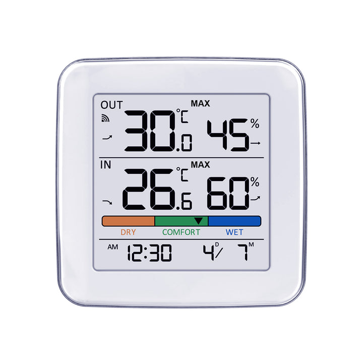 GreenBlue wireless weather station, temperature + humidity IN/OUT, clock + alarm + date, °C / °F selectable, range up to 60m, GB169