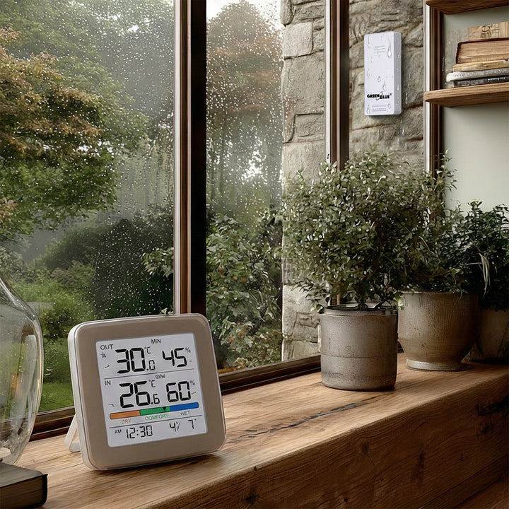 GreenBlue wireless weather station, temperature + humidity IN/OUT, clock + alarm + date, °C / °F selectable, range up to 60m, GB169