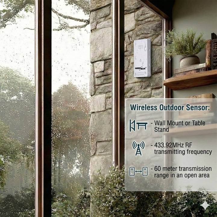 GreenBlue wireless weather station, temperature + humidity IN/OUT, clock + alarm + date, °C / °F selectable, range up to 60m, GB169