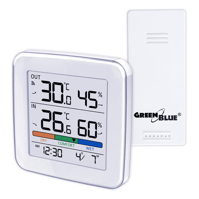 GreenBlue wireless weather station, temperature + humidity IN/OUT, clock + alarm + date, °C / °F selectable, range up to 60m, GB169