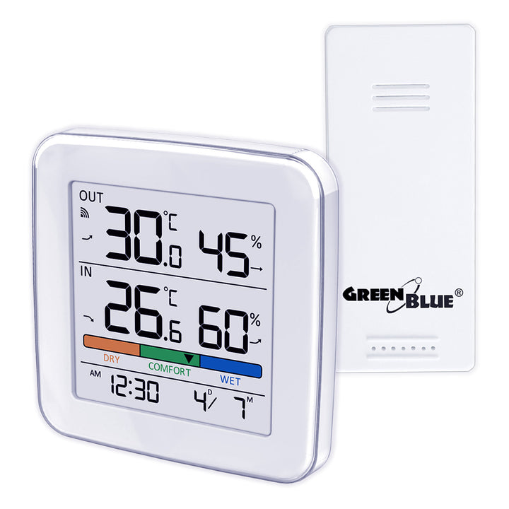 GreenBlue wireless weather station, temperature + humidity IN/OUT, clock + alarm + date, °C / °F selectable, range up to 60m, GB169