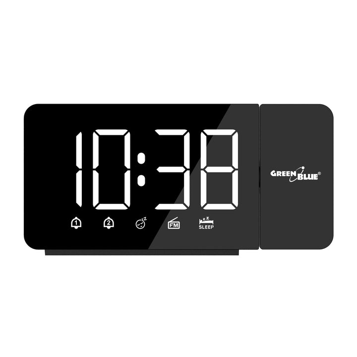 Digital LED clock radio with GreenBlue projector, FM radio, alarm, 12/24 clock, 5V DC USB power supply + CR2032, GB172