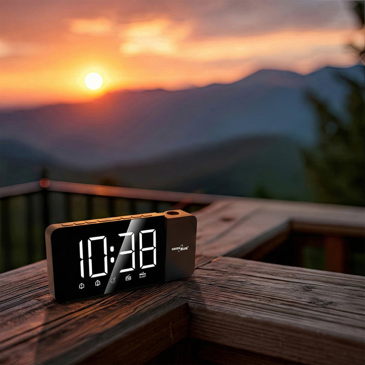 Digital LED clock radio with GreenBlue projector, FM radio, alarm, 12/24 clock, 5V DC USB power supply + CR2032, GB172