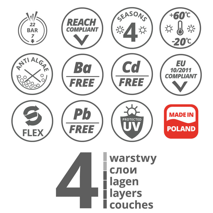 Píobán uisce 4 shraith Vartco Gorm Éadrom Píobán gairdín Píobán uisciúcháin gairdín Solúbtha Píobán solúbtha Trasfhíodán poileistear Frithsheasmhach in aghaidh UV 22 bar 1" 30m