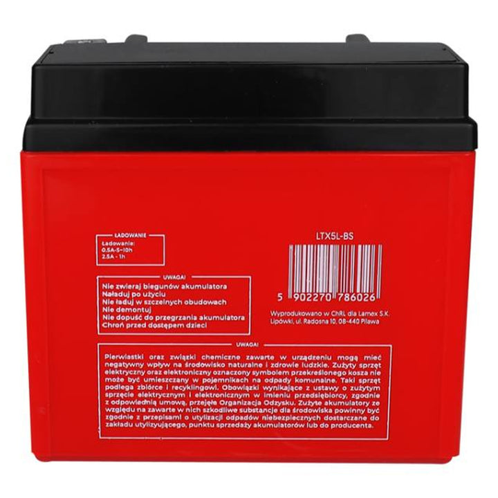 Ceallraí glóthach Lamex, gluaisrothar, 12V, 5Ah, LTX5L-BS