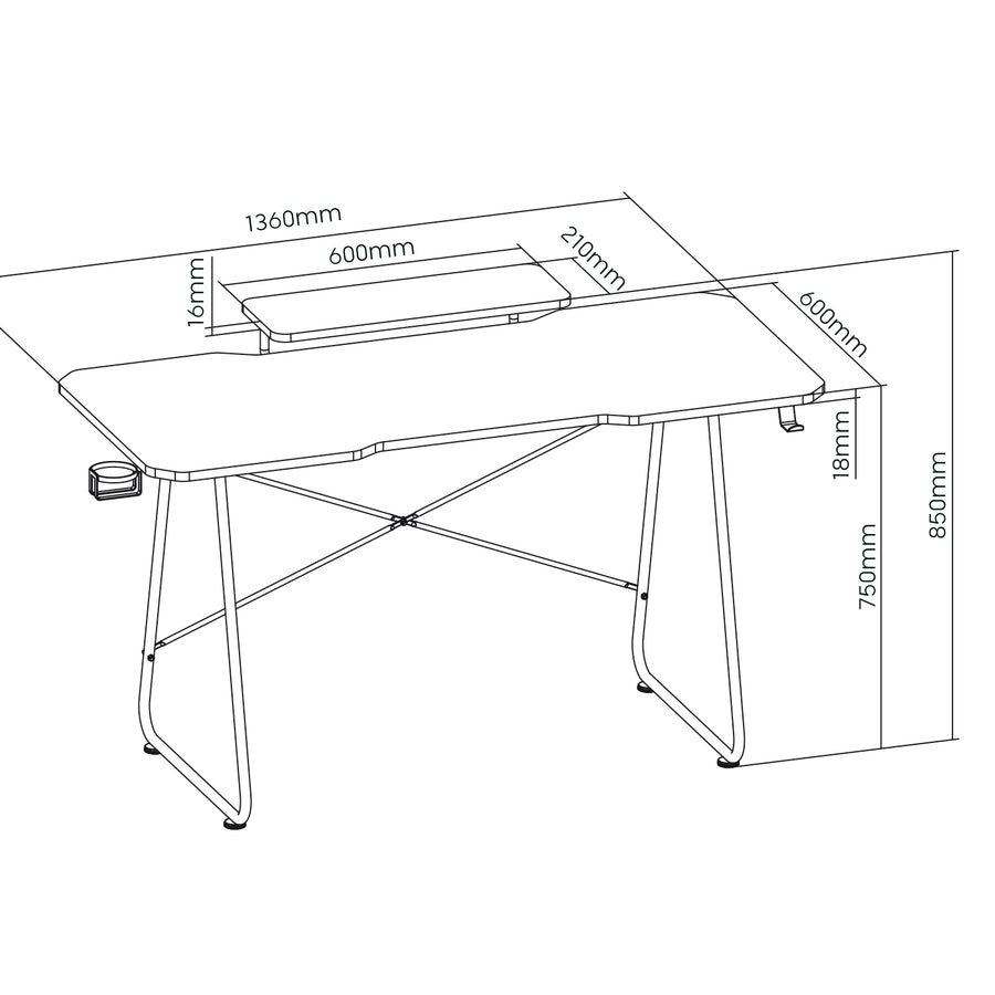 NanoRS gaming desk with monitor shelf, 50kg max, height 850mm, black, RS170+Cable organizer / desk grille Nano RS, 1345mm, black and red, RS125