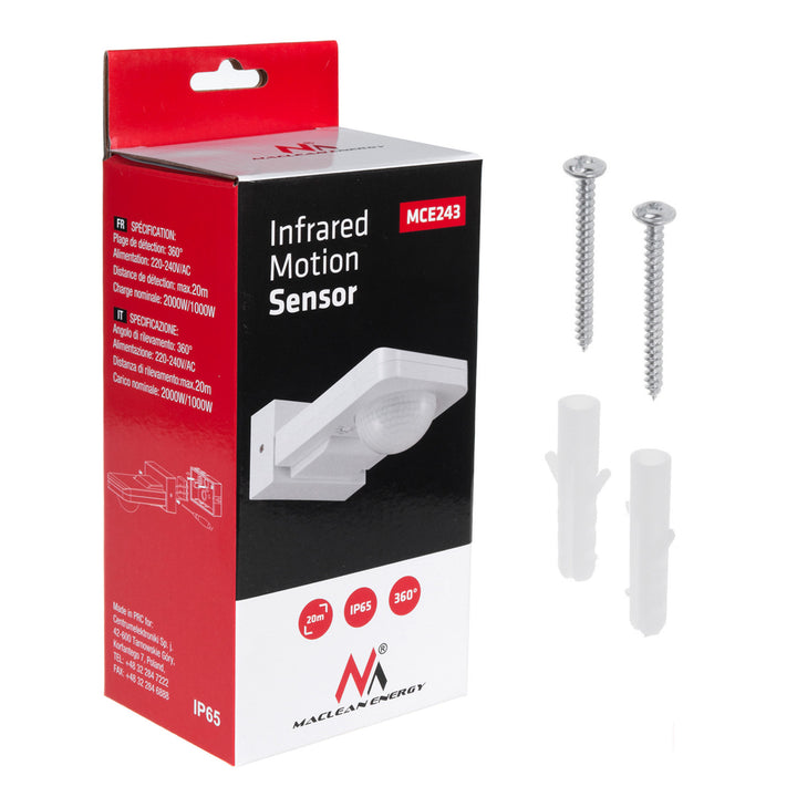 Braiteoir gluaisne PIR Maclean, infridhearg, IP65, uasmhéid 2000W, MCE243, 2 phíosa