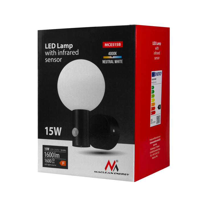 Lampa LED braiteoir gluaisne Maclean, braiteoir gluaisne PIR, dubh, 15W, IP65, 1600lm, bán neodrach (4000K) MCE515 B, 2 phíosa