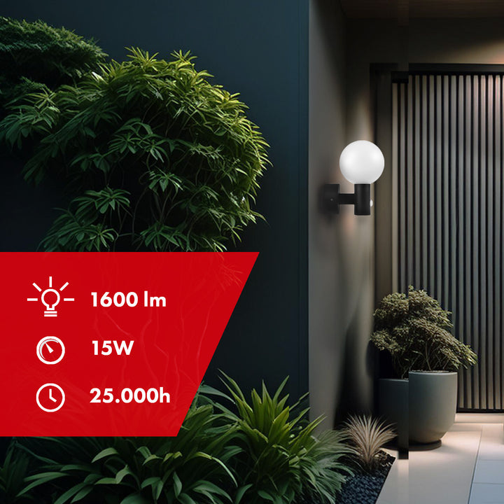 Lampa LED braiteoir gluaisne Maclean, braiteoir gluaisne PIR, dubh, 15W, IP65, 1600lm, bán neodrach (4000K) MCE515 B, 2 phíosa