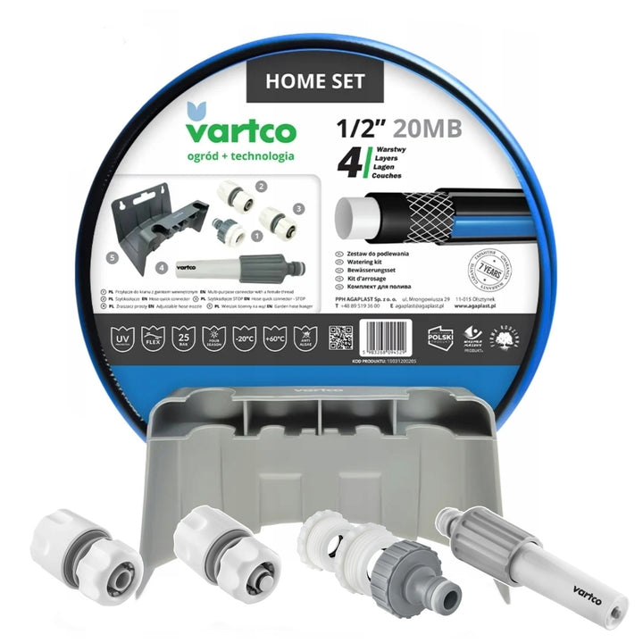 Vartco garden set, 1/2'' 20m hose, stop and go quick coupler, tap connection, sprinkler, wall bracket, Home Set