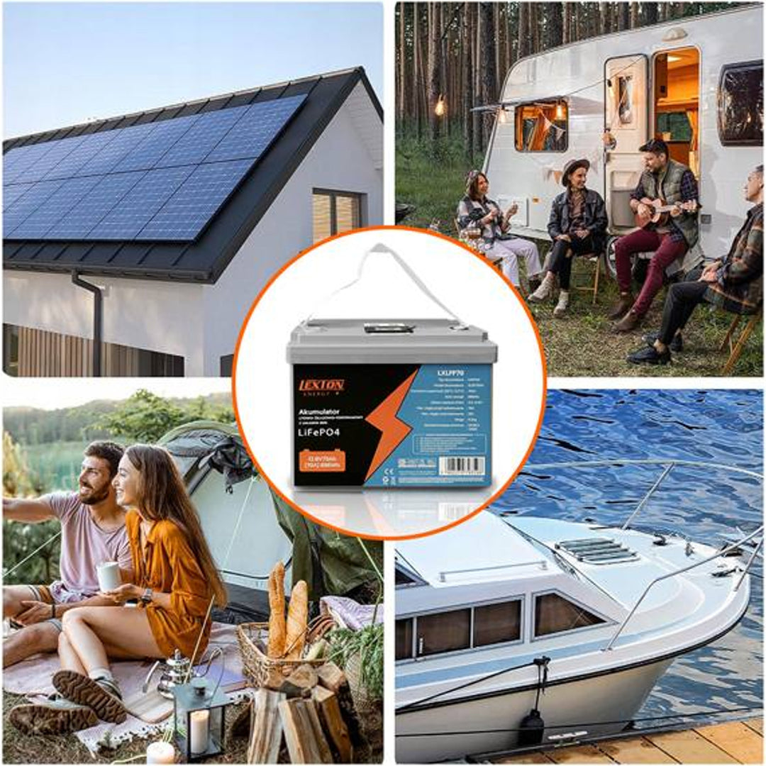 Ceallraí litiam-iarann-fosfáit LiFePo4 Lexton, le BMS, 12.8V, 70Ah, LXLFP70