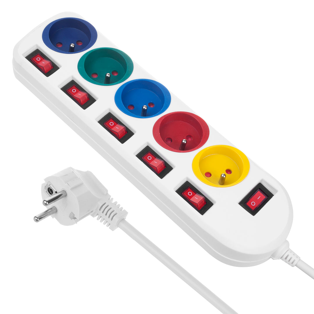 Maclean power strip, 5 outlet extension cord, with switches, 250VAC/10A, 1.5m, MCE204 M/W, 2 pieces