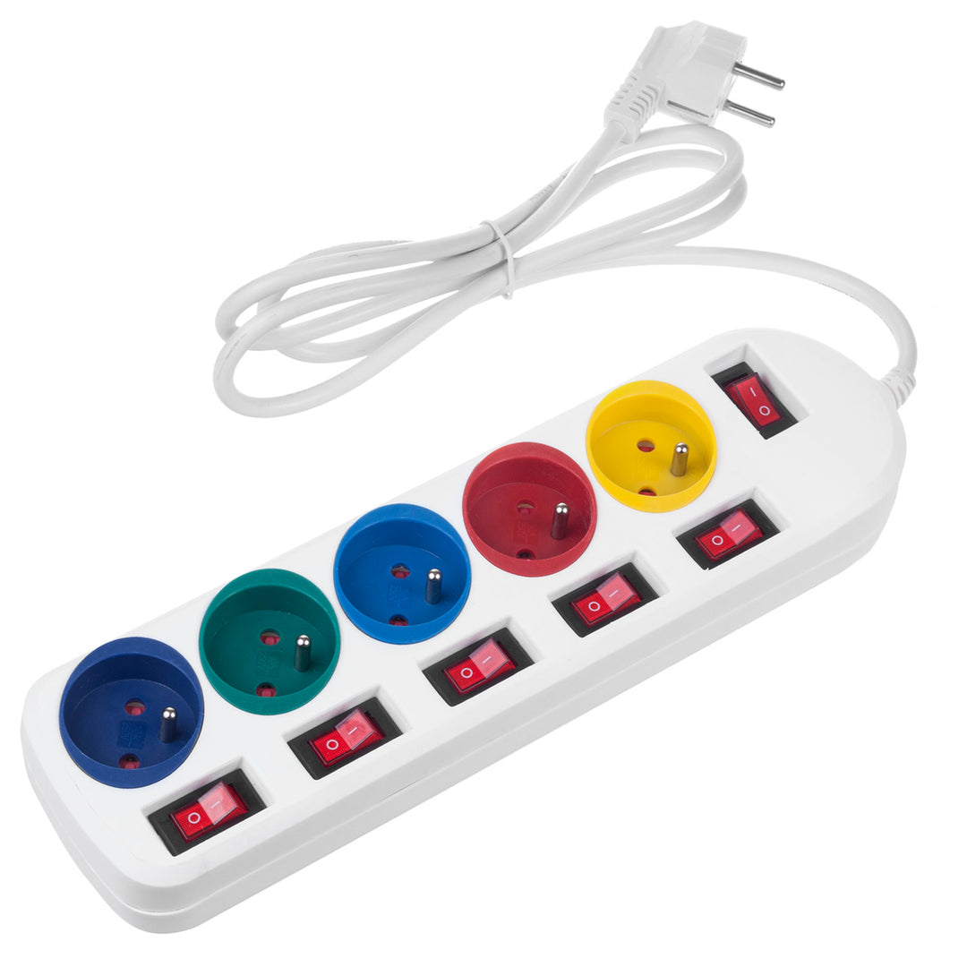 Maclean power strip, 5 outlet extension cord, with switches, 250VAC/10A, 1.5m, MCE204 M/W, 2 pieces