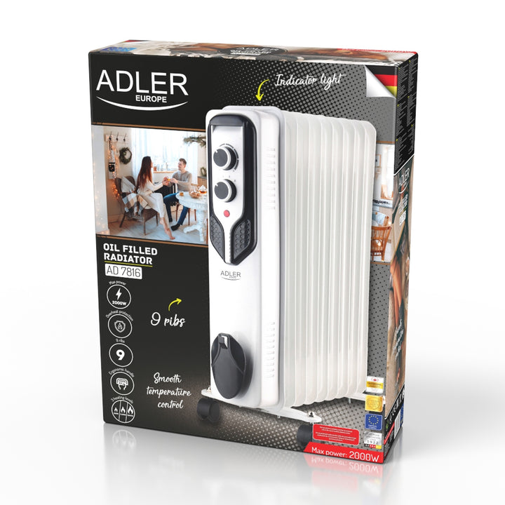Adler oil heater, 9 ribs, power 2000W, 3 heating levels, white, AD 7816