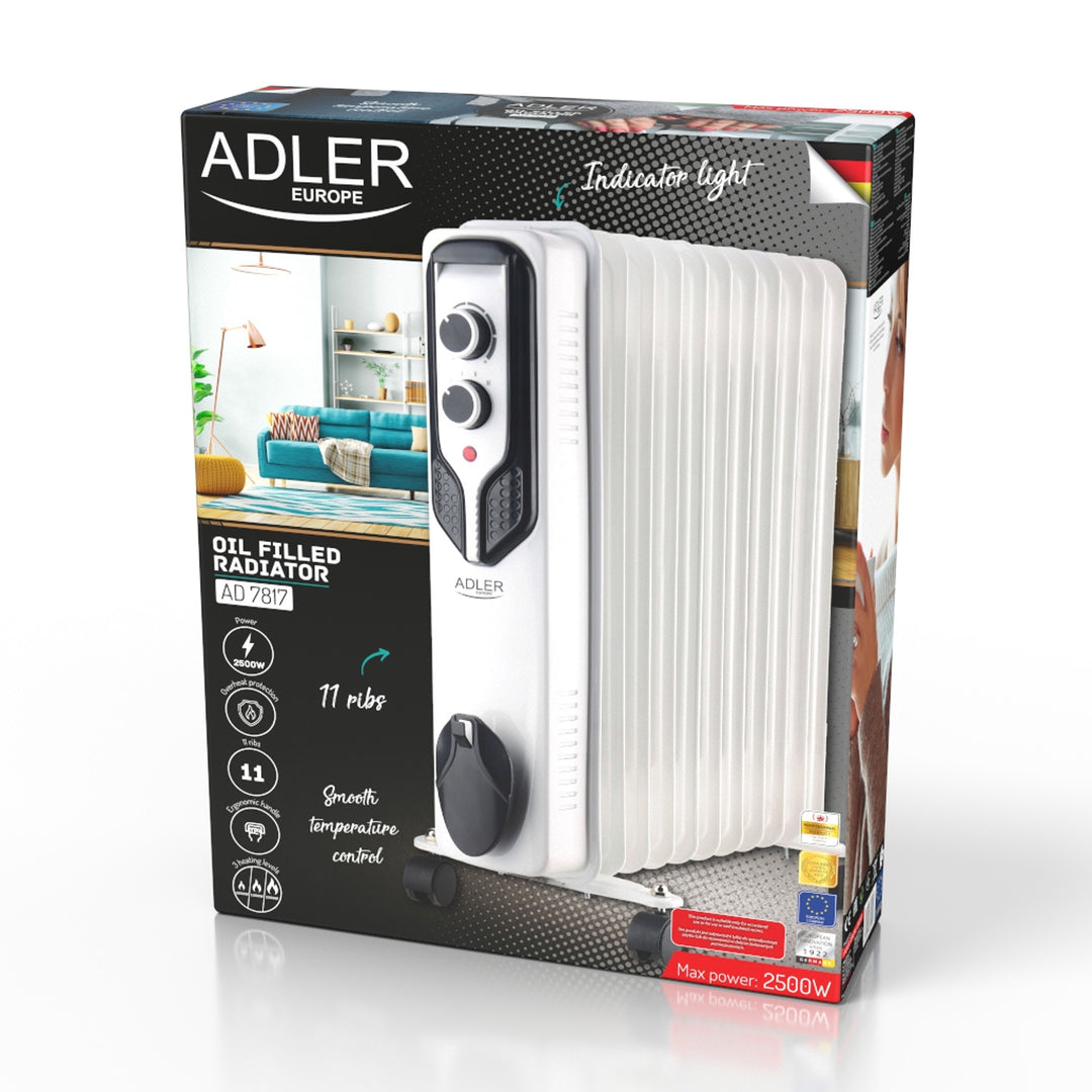 Adler oil heater, 11 ribs, power 2500W, 3 heating levels, white, AD 7817