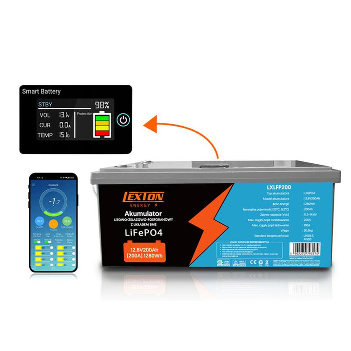 Ceallraí Lexton LiFePo4 Litiam Iarainn Fosfáite, le BMS, 12.8V, 200Ah, LXLFP200 + Coigeartóir Ceallraí LTC Energy LiFePO4