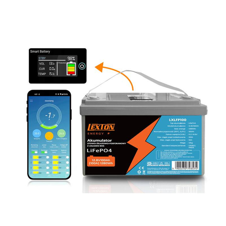 Ceallraí litiam-iarann-fosfáit LiFePo4 Lexton, le BMS, 12.8V, 100Ah, LXLFP100 + luchtaire ceallraí LTC Energy LiFePO4