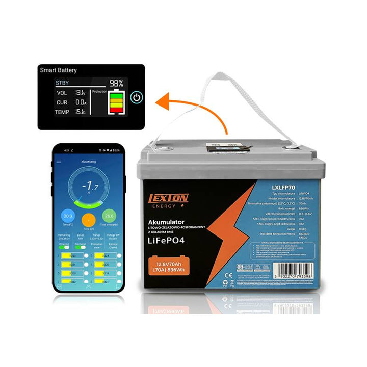 Ceallraí litiam-iarann-fosfáit LiFePo4 Lexton, le BMS, 12.8V, 70Ah, LXLFP70 + luchtaire ceallraí LTC Energy LiFePO4
