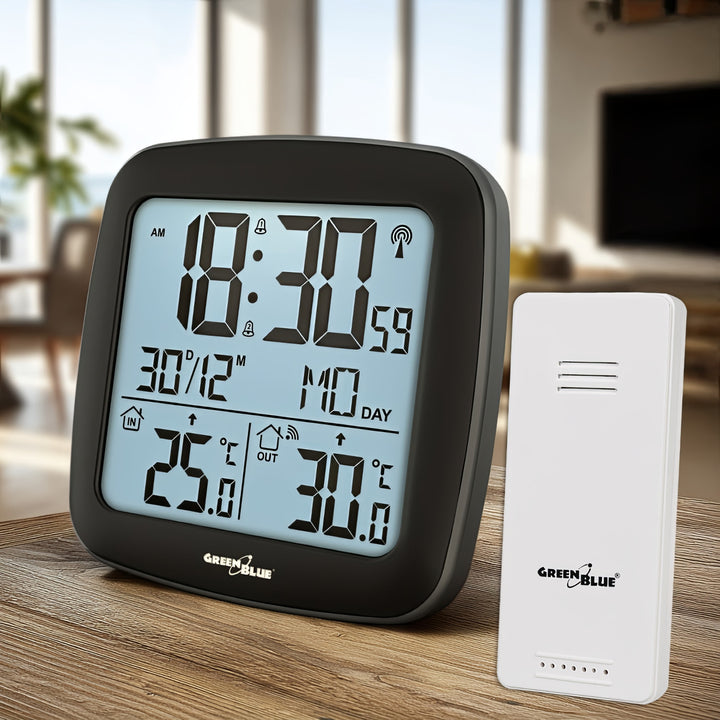 GreenBlue wireless weather station, with DCF system, calendar, alarm, GB542 + 4x Varta Industrial AAA alkaline battery
